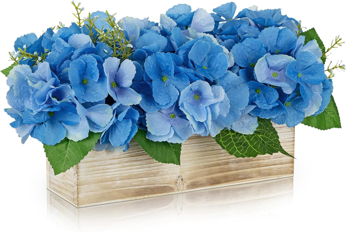 White Hydrangea Artificial Flowers Arrangement in Wooden Planter Pot, Fake Hydrangea Flowers with Rectangular Box Vase, Silk Floral Centerpiece for Dining Room, Coffee Table, Kitchen, Windowsill Decor