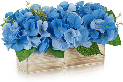 White Hydrangea Artificial Flowers Arrangement in Wooden Planter Pot, Fake Hydrangea Flowers with Rectangular Box Vase, Silk Floral Centerpiece for Dining Room, Coffee Table, Kitchen, Windowsill Decor