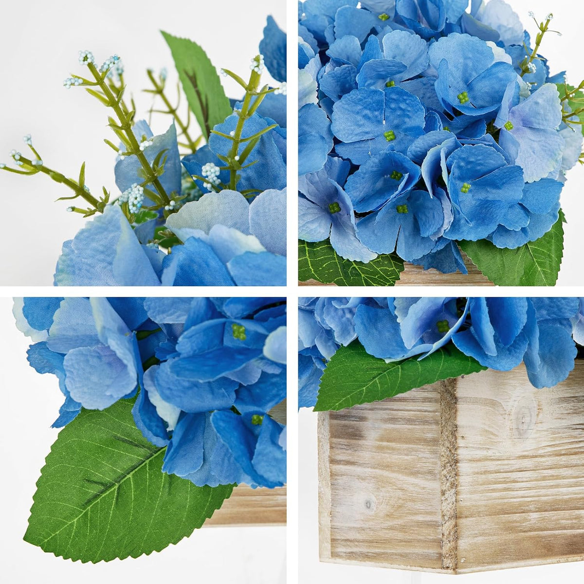 White Hydrangea Artificial Flowers Arrangement in Wooden Planter Pot, Fake Hydrangea Flowers with Rectangular Box Vase, Silk Floral Centerpiece for Dining Room, Coffee Table, Kitchen, Windowsill Decor