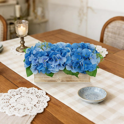 White Hydrangea Artificial Flowers Arrangement in Wooden Planter Pot, Fake Hydrangea Flowers with Rectangular Box Vase, Silk Floral Centerpiece for Dining Room, Coffee Table, Kitchen, Windowsill Decor
