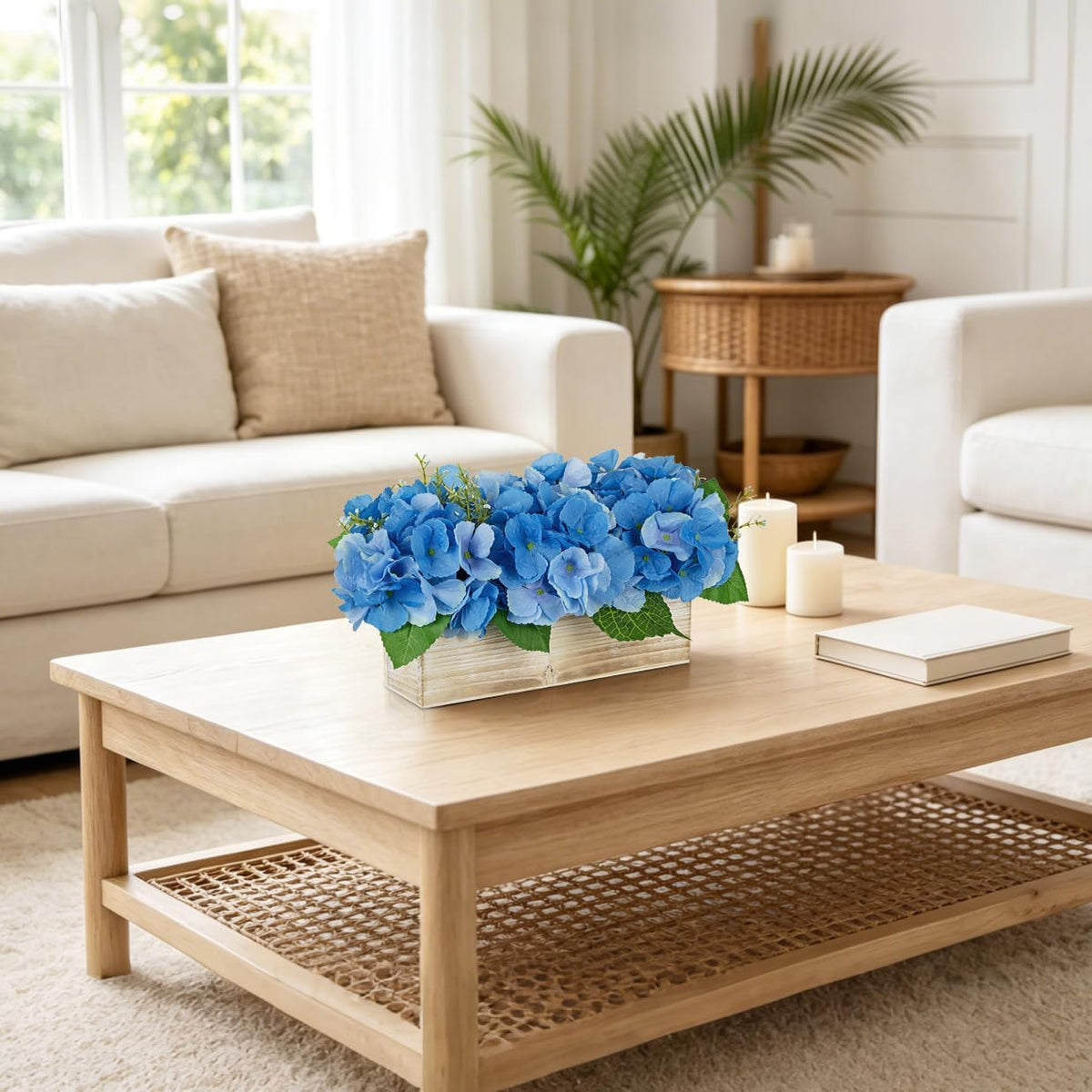 White Hydrangea Artificial Flowers Arrangement in Wooden Planter Pot, Fake Hydrangea Flowers with Rectangular Box Vase, Silk Floral Centerpiece for Dining Room, Coffee Table, Kitchen, Windowsill Decor