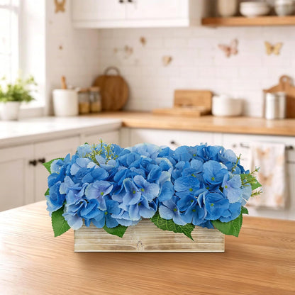 White Hydrangea Artificial Flowers Arrangement in Wooden Planter Pot, Fake Hydrangea Flowers with Rectangular Box Vase, Silk Floral Centerpiece for Dining Room, Coffee Table, Kitchen, Windowsill Decor