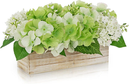 White Hydrangea Artificial Flowers Arrangement in Wooden Planter Pot, Fake Hydrangea Flowers with Rectangular Box Vase, Silk Floral Centerpiece for Dining Room, Coffee Table, Kitchen, Windowsill Decor