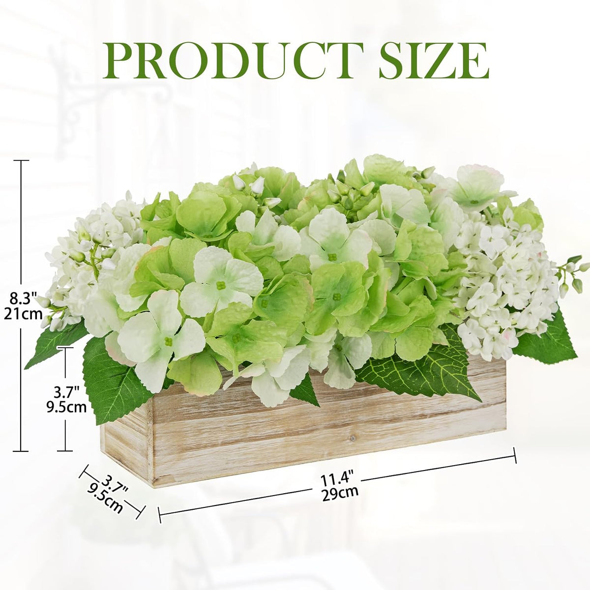 White Hydrangea Artificial Flowers Arrangement in Wooden Planter Pot, Fake Hydrangea Flowers with Rectangular Box Vase, Silk Floral Centerpiece for Dining Room, Coffee Table, Kitchen, Windowsill Decor
