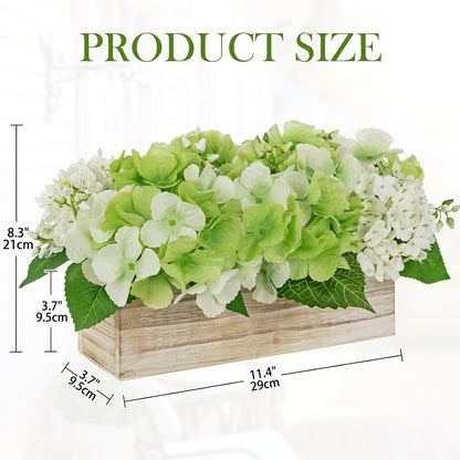 White Hydrangea Artificial Flowers Arrangement in Wooden Planter Pot, Fake Hydrangea Flowers with Rectangular Box Vase, Silk Floral Centerpiece for Dining Room, Coffee Table, Kitchen, Windowsill Decor