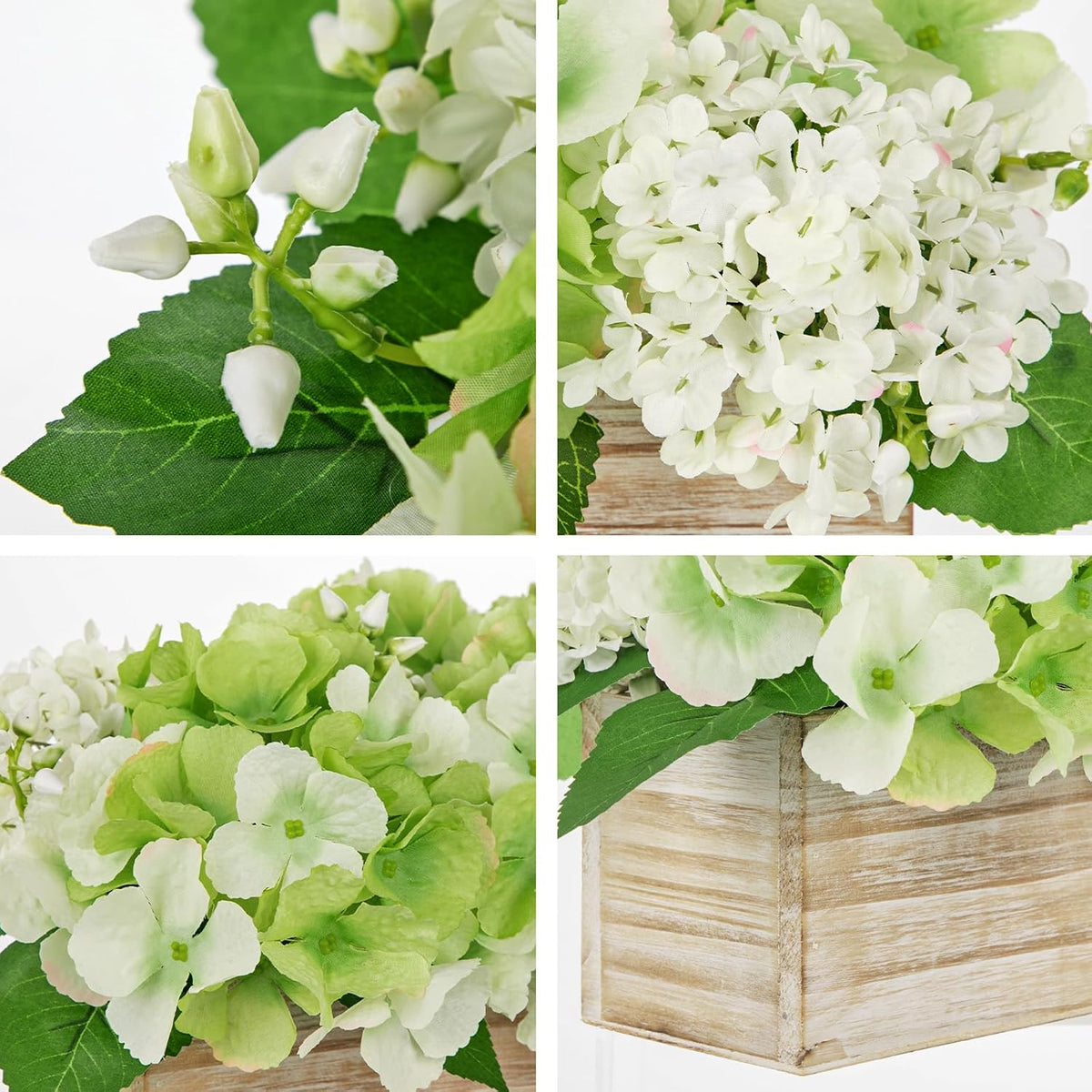 White Hydrangea Artificial Flowers Arrangement in Wooden Planter Pot, Fake Hydrangea Flowers with Rectangular Box Vase, Silk Floral Centerpiece for Dining Room, Coffee Table, Kitchen, Windowsill Decor