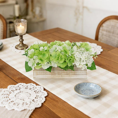 White Hydrangea Artificial Flowers Arrangement in Wooden Planter Pot, Fake Hydrangea Flowers with Rectangular Box Vase, Silk Floral Centerpiece for Dining Room, Coffee Table, Kitchen, Windowsill Decor