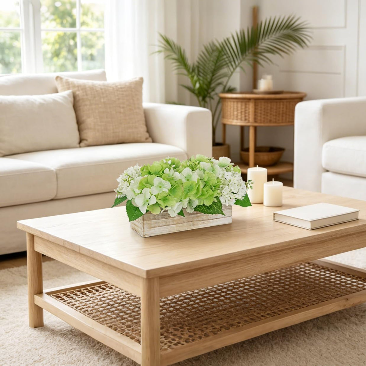White Hydrangea Artificial Flowers Arrangement in Wooden Planter Pot, Fake Hydrangea Flowers with Rectangular Box Vase, Silk Floral Centerpiece for Dining Room, Coffee Table, Kitchen, Windowsill Decor