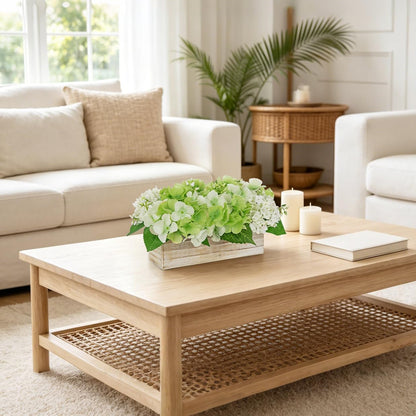 White Hydrangea Artificial Flowers Arrangement in Wooden Planter Pot, Fake Hydrangea Flowers with Rectangular Box Vase, Silk Floral Centerpiece for Dining Room, Coffee Table, Kitchen, Windowsill Decor