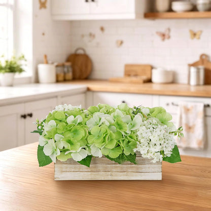 White Hydrangea Artificial Flowers Arrangement in Wooden Planter Pot, Fake Hydrangea Flowers with Rectangular Box Vase, Silk Floral Centerpiece for Dining Room, Coffee Table, Kitchen, Windowsill Decor