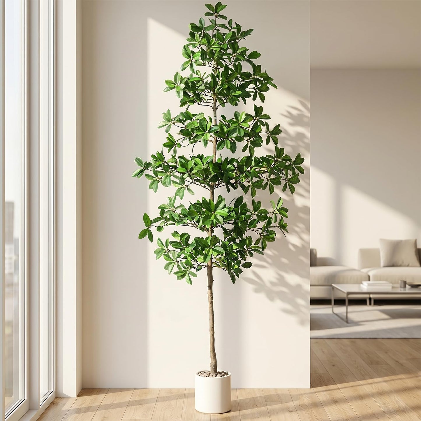 7ft Tall Artificia Tree, Large Single-Trunk Faux Floor Plant | Fake Magnolia grandiflora Tree, Decorative White Planter, All-Year Decor for Front Porch Entryway Office Home, No Maintenance