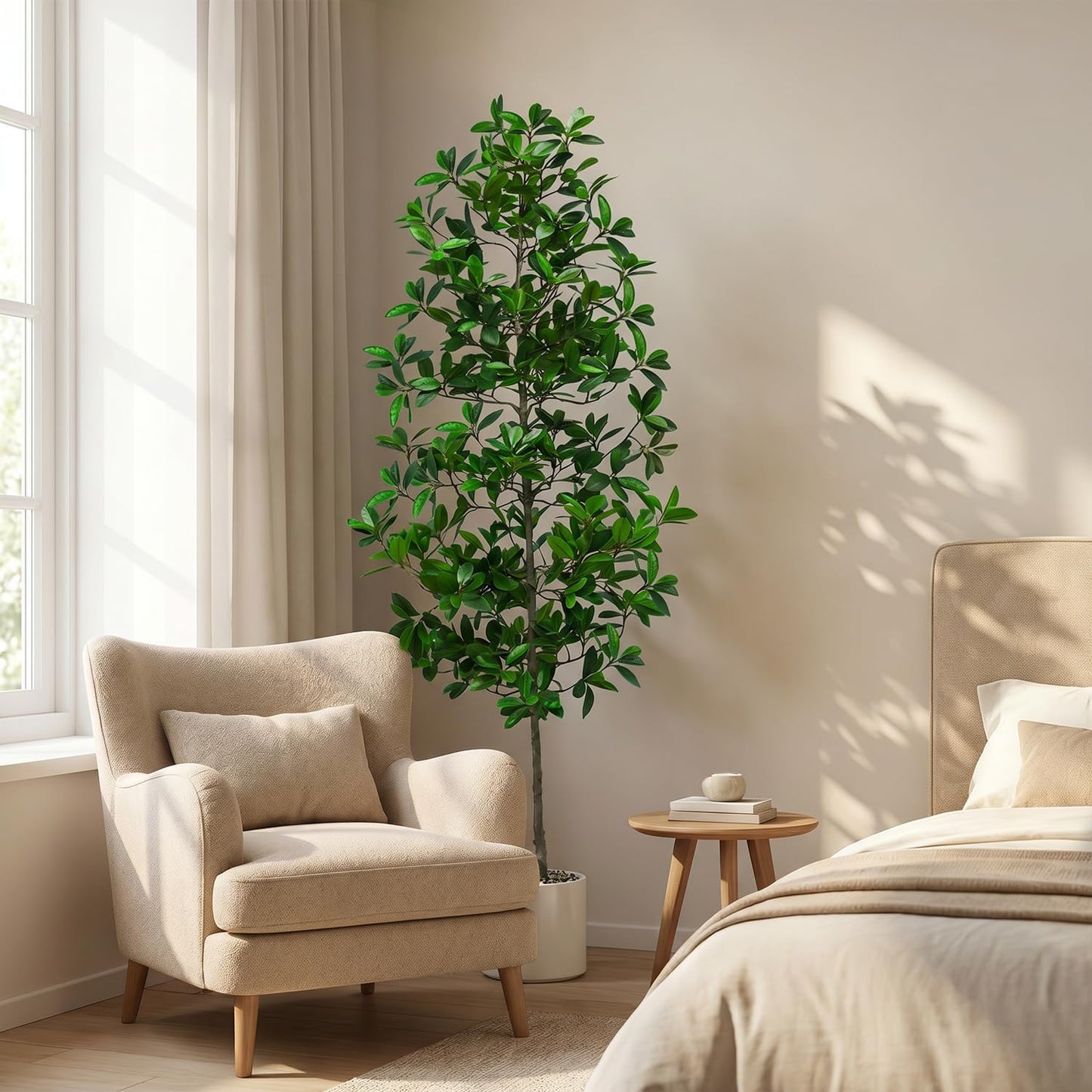 7ft Tall Artificia Tree, Large Single-Trunk Faux Floor Plant | Fake Magnolia grandiflora Tree, Decorative White Planter, All-Year Decor for Front Porch Entryway Office Home, No Maintenance