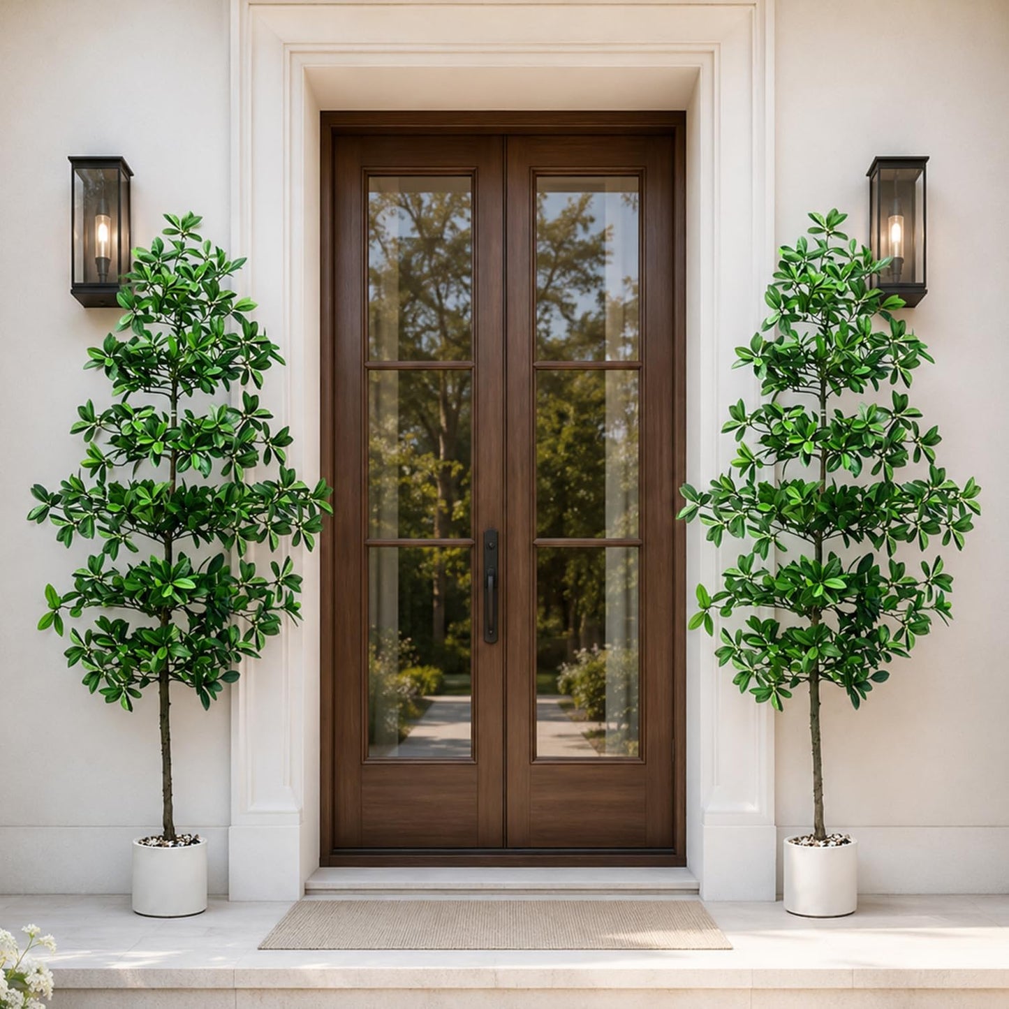 7ft Tall Artificia Tree, Large Single-Trunk Faux Floor Plant | Fake Magnolia grandiflora Tree, Decorative White Planter, All-Year Decor for Front Porch Entryway Office Home, No Maintenance
