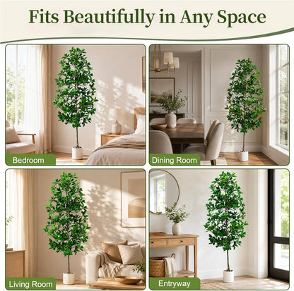 7ft Tall Artificia Tree, Large Single-Trunk Faux Floor Plant | Fake Magnolia grandiflora Tree, Decorative White Planter, All-Year Decor for Front Porch Entryway Office Home, No Maintenance