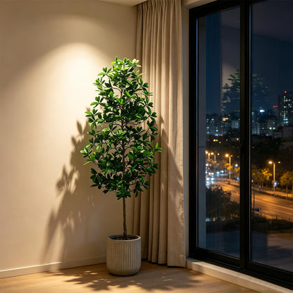 7ft Tall Artificia Tree, Large Single-Trunk Faux Floor Plant | Fake Magnolia grandiflora Tree, Decorative White Planter, All-Year Decor for Front Porch Entryway Office Home, No Maintenance