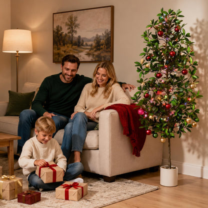 7ft Tall Artificia Tree, Large Single-Trunk Faux Floor Plant | Fake Magnolia grandiflora Tree, Decorative White Planter, All-Year Decor for Front Porch Entryway Office Home, No Maintenance