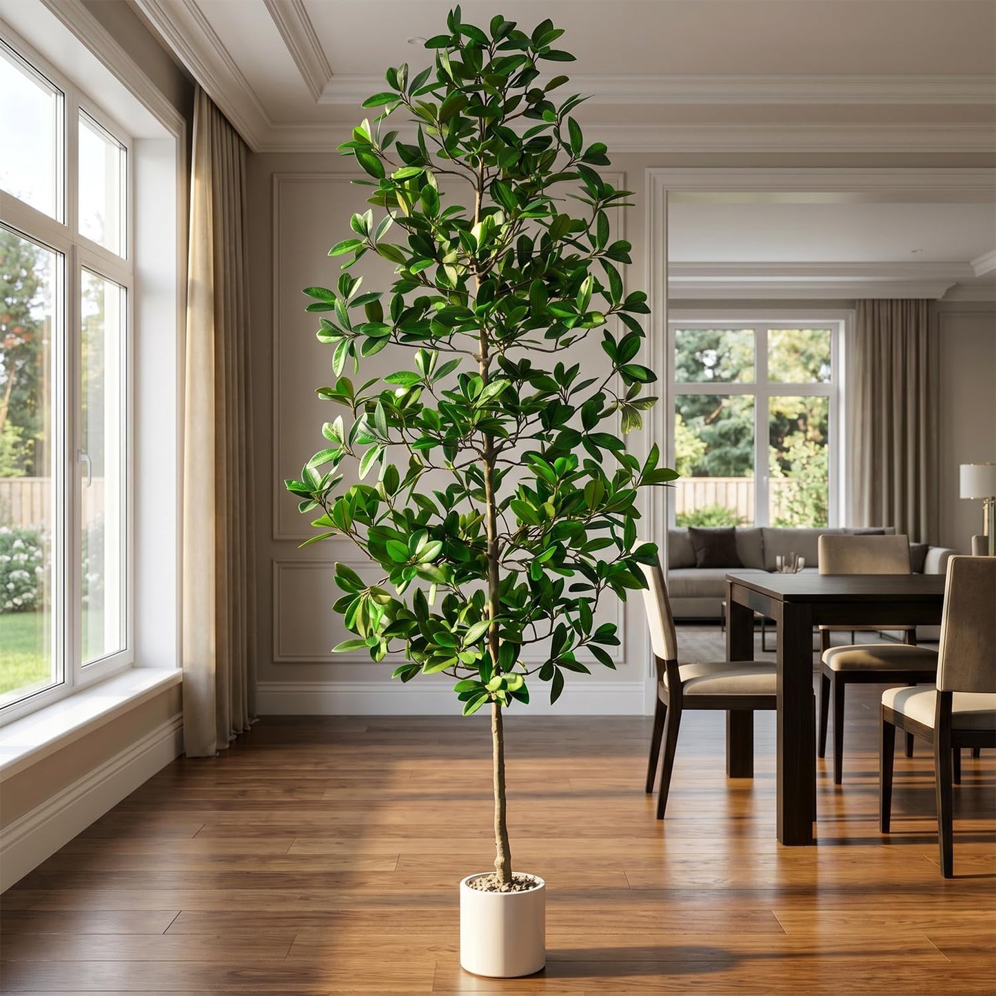 7ft Tall Artificia Tree, Large Single-Trunk Faux Floor Plant | Fake Magnolia grandiflora Tree, Decorative White Planter, All-Year Decor for Front Porch Entryway Office Home, No Maintenance