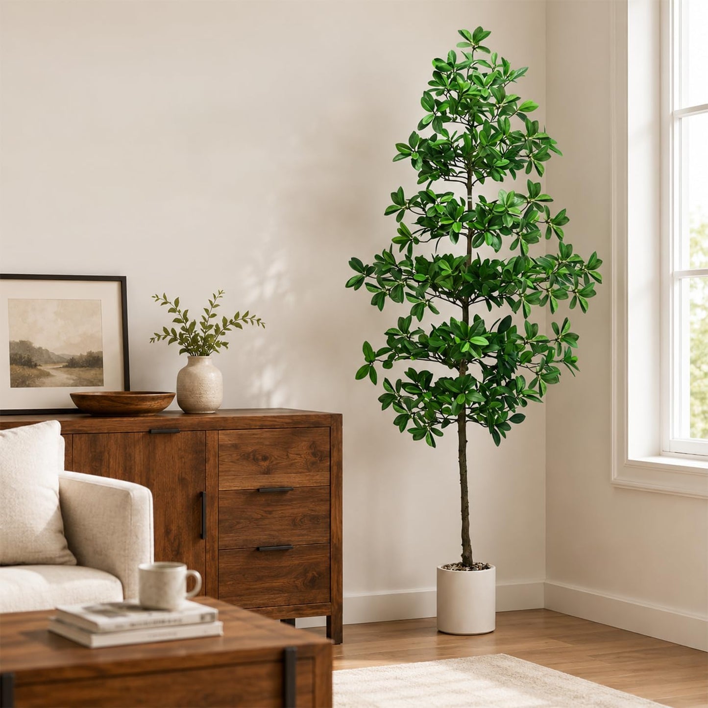 7ft Tall Artificia Tree, Large Single-Trunk Faux Floor Plant | Fake Magnolia grandiflora Tree, Decorative White Planter, All-Year Decor for Front Porch Entryway Office Home, No Maintenance