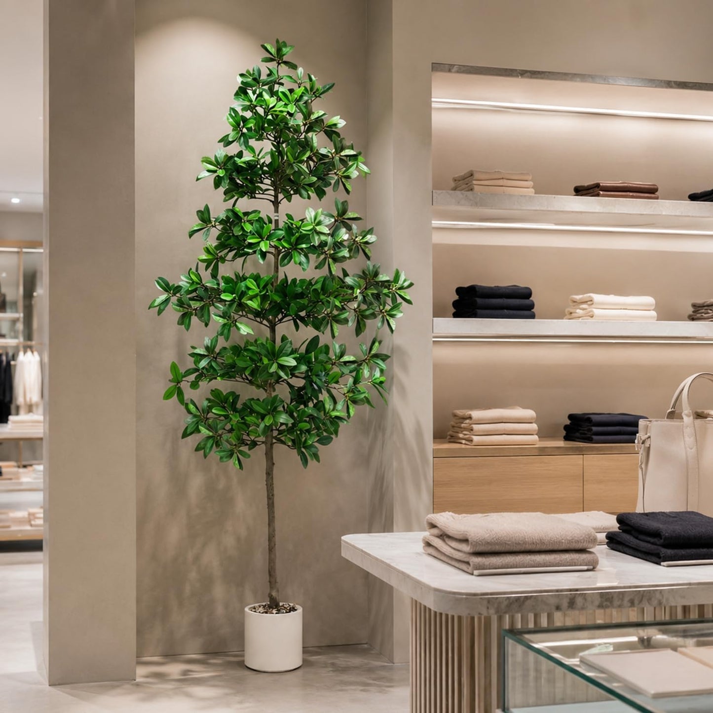 7ft Tall Artificia Tree, Large Single-Trunk Faux Floor Plant | Fake Magnolia grandiflora Tree, Decorative White Planter, All-Year Decor for Front Porch Entryway Office Home, No Maintenance