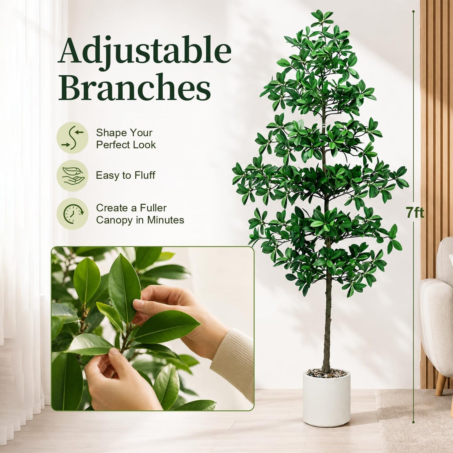 7ft Tall Artificia Tree, Large Single-Trunk Faux Floor Plant | Fake Magnolia grandiflora Tree, Decorative White Planter, All-Year Decor for Front Porch Entryway Office Home, No Maintenance