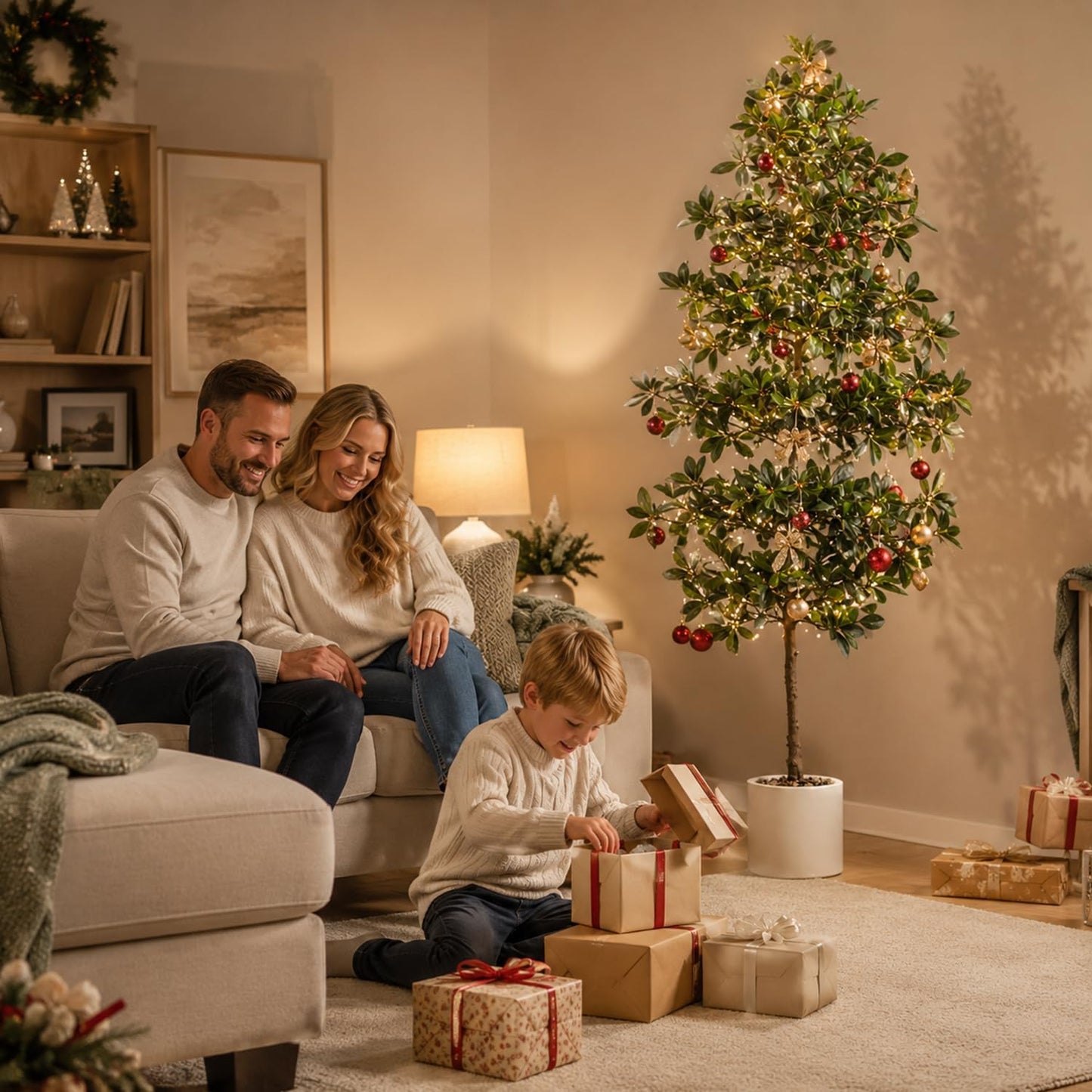 7ft Tall Artificia Tree, Large Single-Trunk Faux Floor Plant | Fake Magnolia grandiflora Tree, Decorative White Planter, All-Year Decor for Front Porch Entryway Office Home, No Maintenance