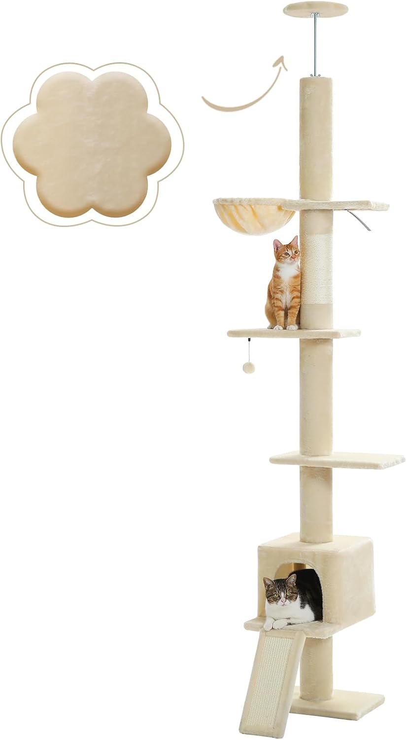 Cat Tree Floor to Ceiling,Cactus Tall Cat Tower, Adjustable Height (83''-108'') 5 Tiers Climbing Tree for Indoor Cats with Cat Condo, Scratching Post and Ladder, Green