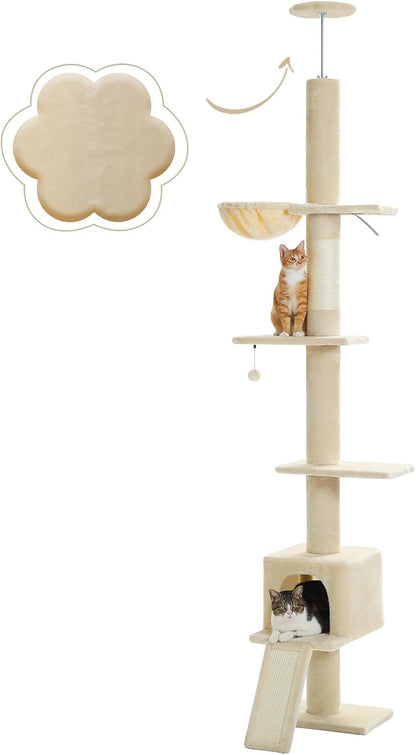 Cat Tree Floor to Ceiling,Cactus Tall Cat Tower, Adjustable Height (83''-108'') 5 Tiers Climbing Tree for Indoor Cats with Cat Condo, Scratching Post and Ladder, Green