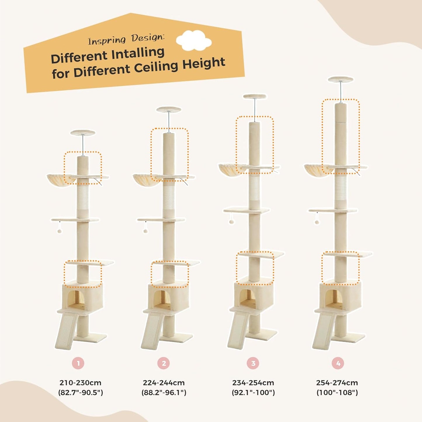 Cat Tree Floor to Ceiling,Cactus Tall Cat Tower, Adjustable Height (83''-108'') 5 Tiers Climbing Tree for Indoor Cats with Cat Condo, Scratching Post and Ladder, Green