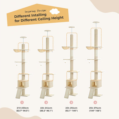 Cat Tree Floor to Ceiling,Cactus Tall Cat Tower, Adjustable Height (83''-108'') 5 Tiers Climbing Tree for Indoor Cats with Cat Condo, Scratching Post and Ladder, Green