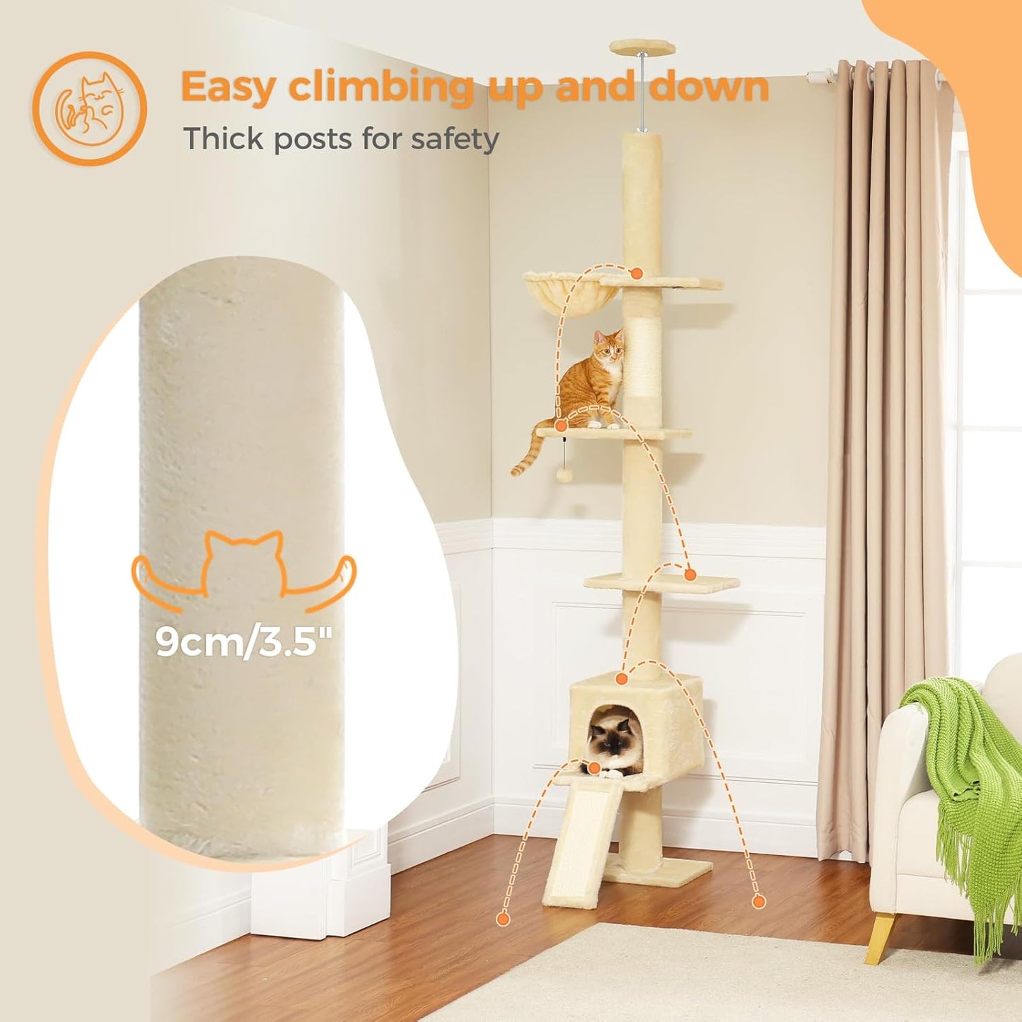 Cat Tree Floor to Ceiling,Cactus Tall Cat Tower, Adjustable Height (83''-108'') 5 Tiers Climbing Tree for Indoor Cats with Cat Condo, Scratching Post and Ladder, Green
