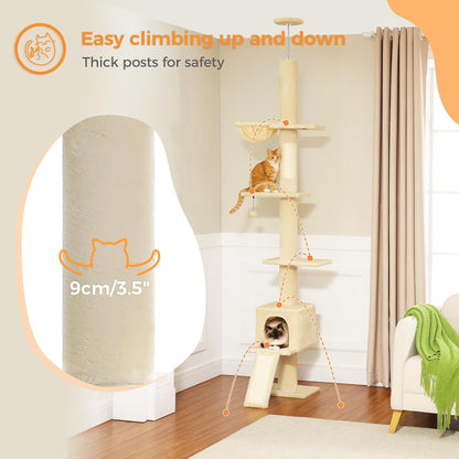 Cat Tree Floor to Ceiling,Cactus Tall Cat Tower, Adjustable Height (83''-108'') 5 Tiers Climbing Tree for Indoor Cats with Cat Condo, Scratching Post and Ladder, Green