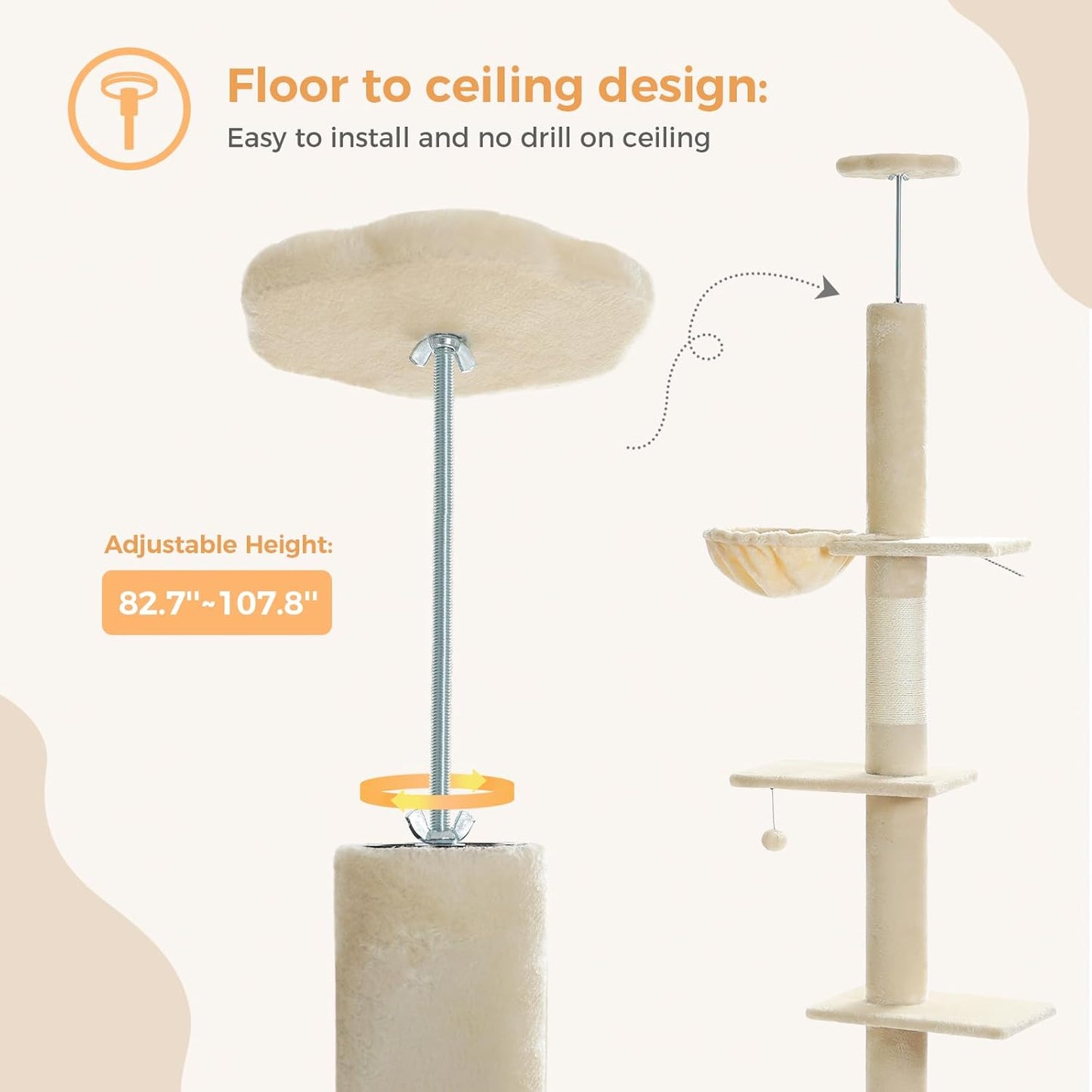Cat Tree Floor to Ceiling,Cactus Tall Cat Tower, Adjustable Height (83''-108'') 5 Tiers Climbing Tree for Indoor Cats with Cat Condo, Scratching Post and Ladder, Green