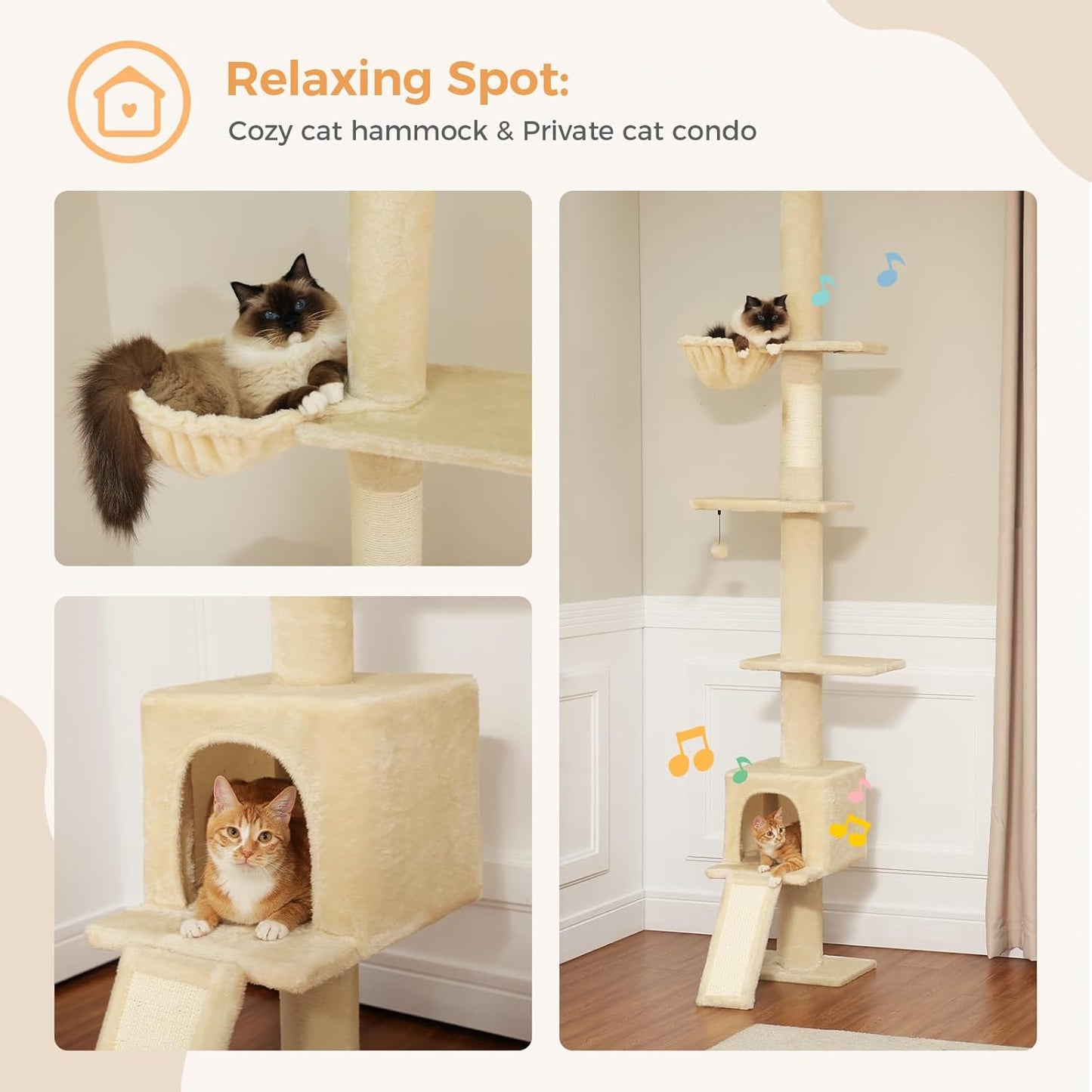 Cat Tree Floor to Ceiling,Cactus Tall Cat Tower, Adjustable Height (83''-108'') 5 Tiers Climbing Tree for Indoor Cats with Cat Condo, Scratching Post and Ladder, Green