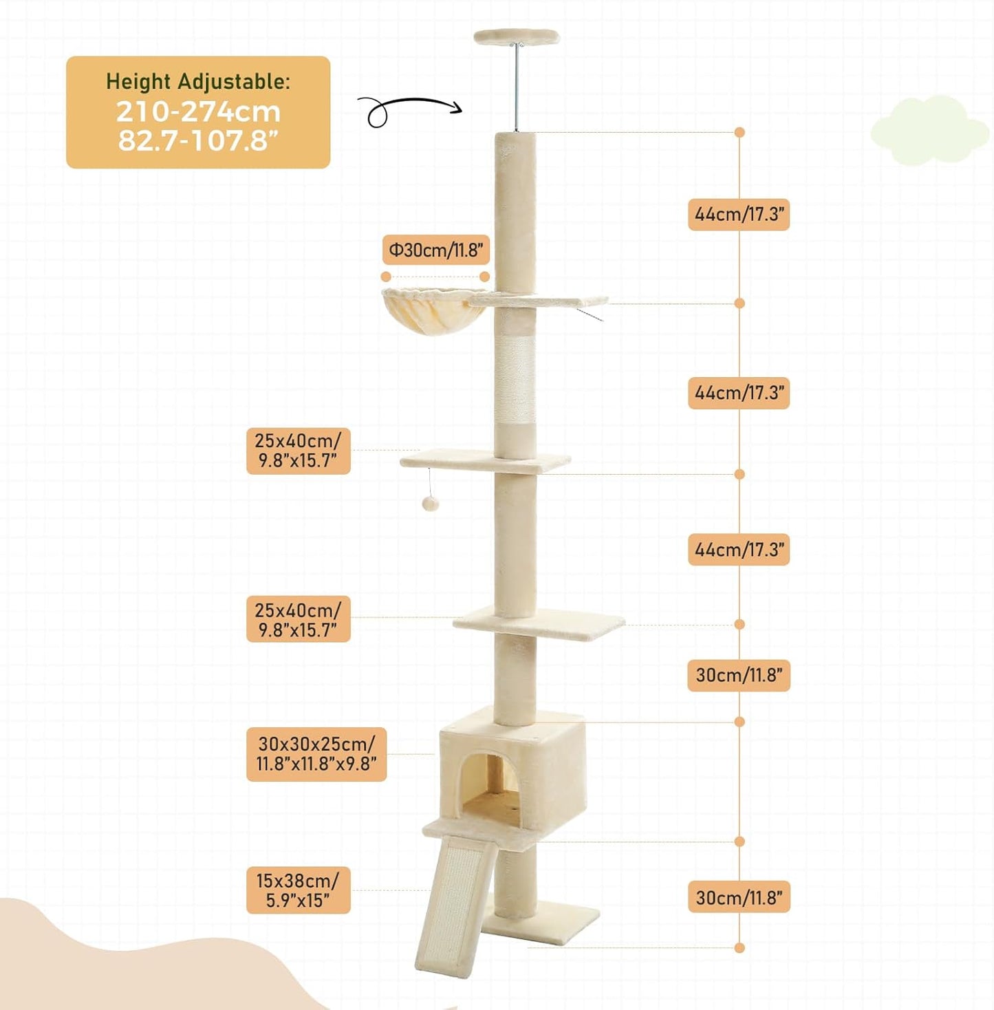 Cat Tree Floor to Ceiling,Cactus Tall Cat Tower, Adjustable Height (83''-108'') 5 Tiers Climbing Tree for Indoor Cats with Cat Condo, Scratching Post and Ladder, Green
