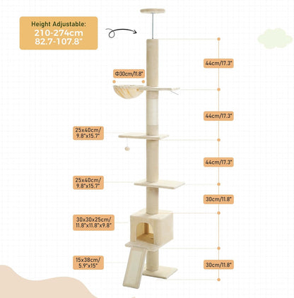 Cat Tree Floor to Ceiling,Cactus Tall Cat Tower, Adjustable Height (83''-108'') 5 Tiers Climbing Tree for Indoor Cats with Cat Condo, Scratching Post and Ladder, Green