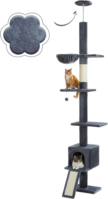 Cat Tree Floor to Ceiling,Cactus Tall Cat Tower, Adjustable Height (83''-108'') 5 Tiers Climbing Tree for Indoor Cats with Cat Condo, Scratching Post and Ladder, Green