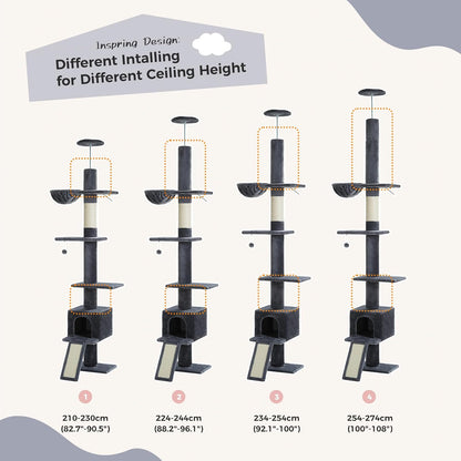 Cat Tree Floor to Ceiling,Cactus Tall Cat Tower, Adjustable Height (83''-108'') 5 Tiers Climbing Tree for Indoor Cats with Cat Condo, Scratching Post and Ladder, Green