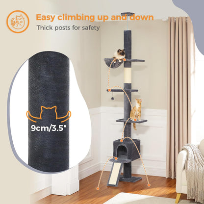 Cat Tree Floor to Ceiling,Cactus Tall Cat Tower, Adjustable Height (83''-108'') 5 Tiers Climbing Tree for Indoor Cats with Cat Condo, Scratching Post and Ladder, Green
