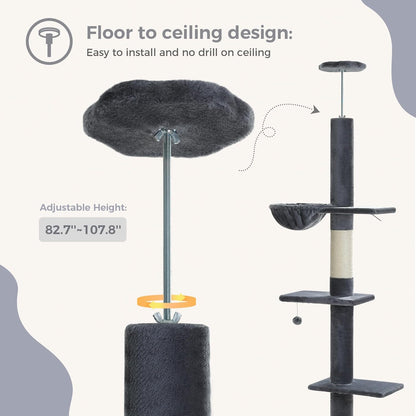 Cat Tree Floor to Ceiling,Cactus Tall Cat Tower, Adjustable Height (83''-108'') 5 Tiers Climbing Tree for Indoor Cats with Cat Condo, Scratching Post and Ladder, Green
