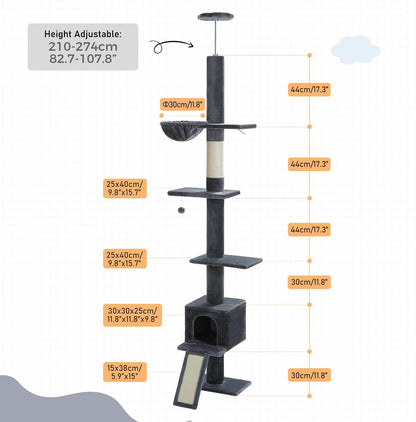 Cat Tree Floor to Ceiling,Cactus Tall Cat Tower, Adjustable Height (83''-108'') 5 Tiers Climbing Tree for Indoor Cats with Cat Condo, Scratching Post and Ladder, Green