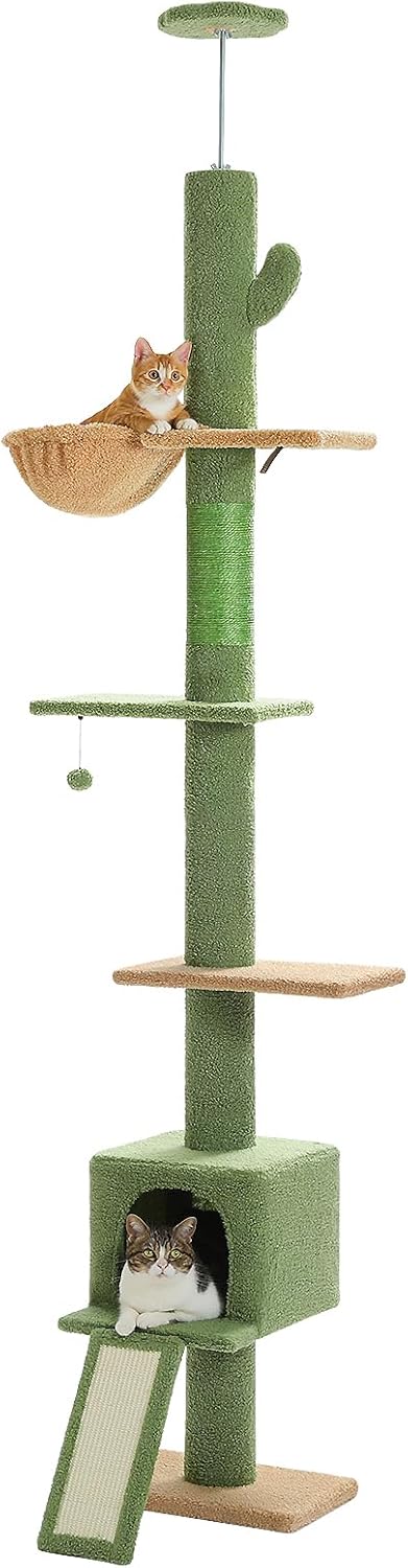 Cat Tree Floor to Ceiling,Cactus Tall Cat Tower, Adjustable Height (83''-108'') 5 Tiers Climbing Tree for Indoor Cats with Cat Condo, Scratching Post and Ladder, Green