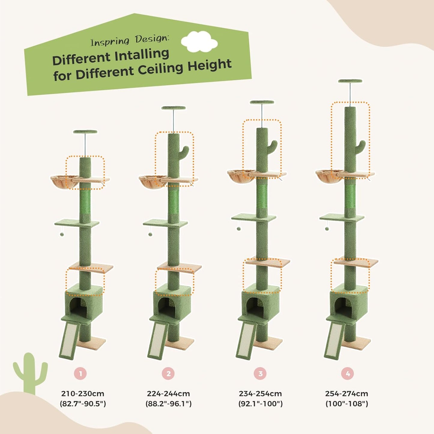 Cat Tree Floor to Ceiling,Cactus Tall Cat Tower, Adjustable Height (83''-108'') 5 Tiers Climbing Tree for Indoor Cats with Cat Condo, Scratching Post and Ladder, Green