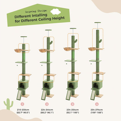 Cat Tree Floor to Ceiling,Cactus Tall Cat Tower, Adjustable Height (83''-108'') 5 Tiers Climbing Tree for Indoor Cats with Cat Condo, Scratching Post and Ladder, Green