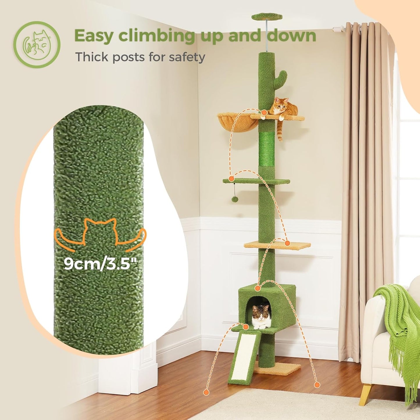 Cat Tree Floor to Ceiling,Cactus Tall Cat Tower, Adjustable Height (83''-108'') 5 Tiers Climbing Tree for Indoor Cats with Cat Condo, Scratching Post and Ladder, Green