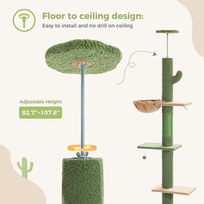 Cat Tree Floor to Ceiling,Cactus Tall Cat Tower, Adjustable Height (83''-108'') 5 Tiers Climbing Tree for Indoor Cats with Cat Condo, Scratching Post and Ladder, Green