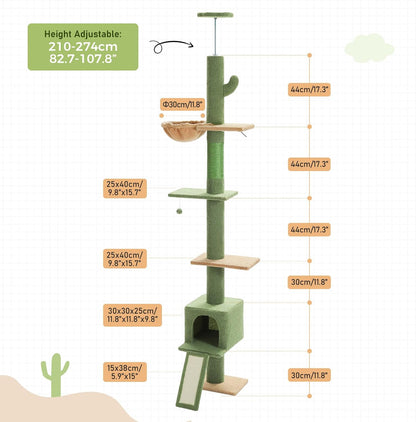 Cat Tree Floor to Ceiling,Cactus Tall Cat Tower, Adjustable Height (83''-108'') 5 Tiers Climbing Tree for Indoor Cats with Cat Condo, Scratching Post and Ladder, Green