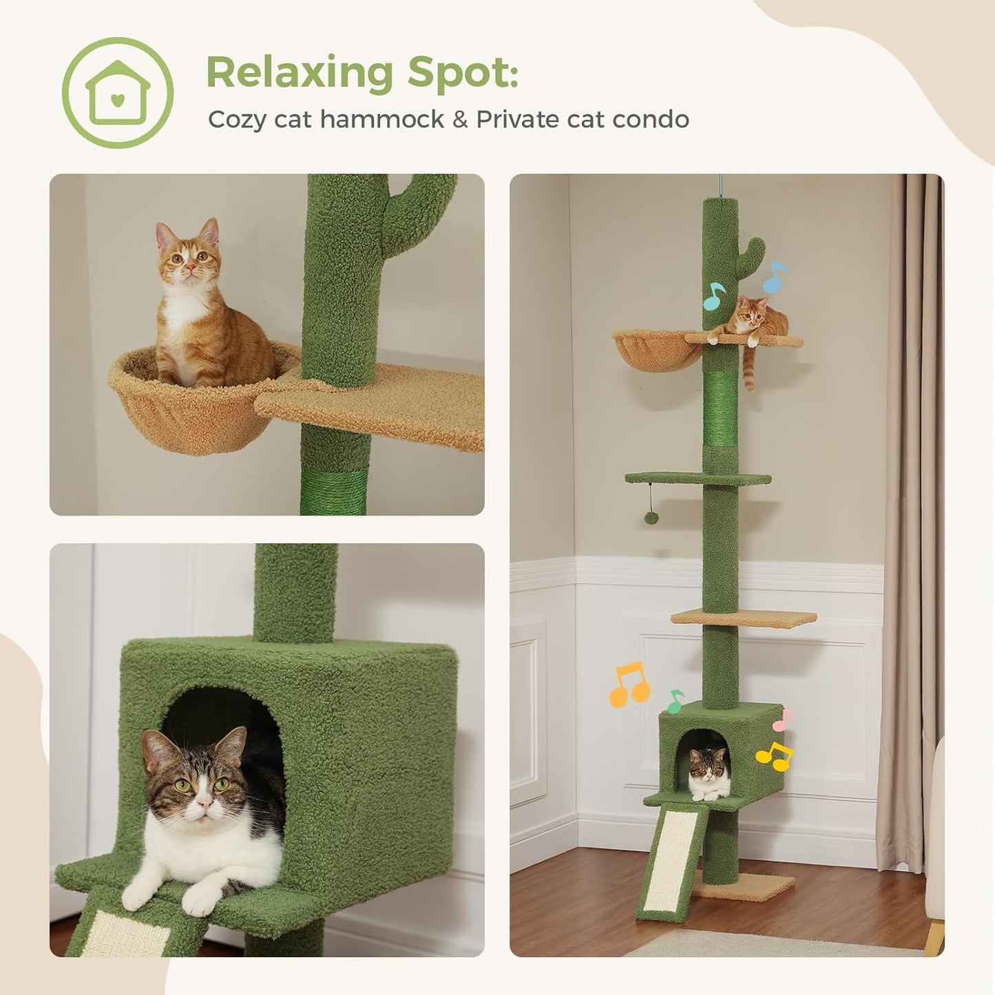 Cat Tree Floor to Ceiling,Cactus Tall Cat Tower, Adjustable Height (83''-108'') 5 Tiers Climbing Tree for Indoor Cats with Cat Condo, Scratching Post and Ladder, Green