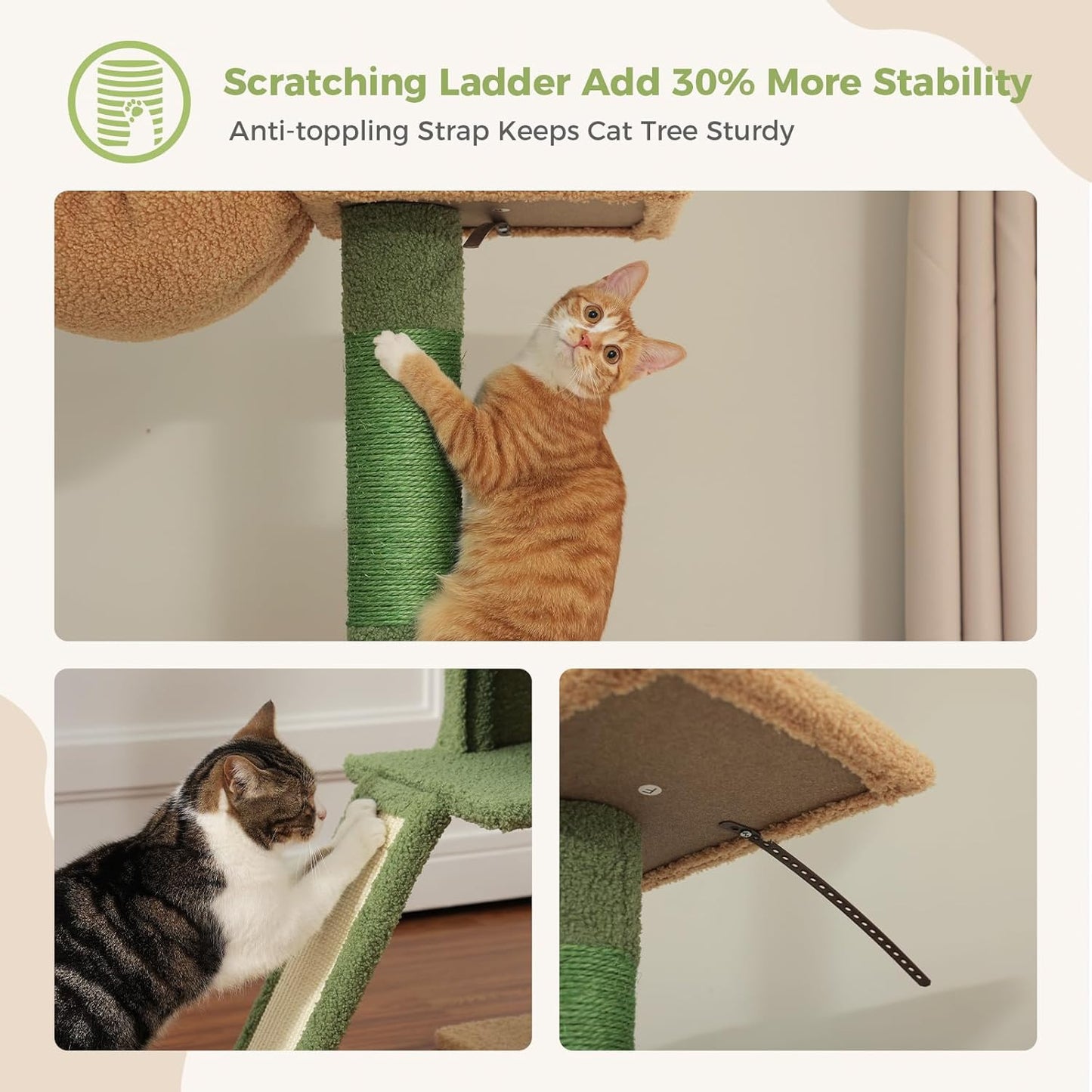 Cat Tree Floor to Ceiling,Cactus Tall Cat Tower, Adjustable Height (83''-108'') 5 Tiers Climbing Tree for Indoor Cats with Cat Condo, Scratching Post and Ladder, Green