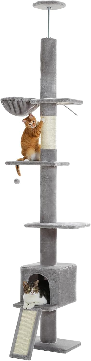 Cat Tree Floor to Ceiling,Cactus Tall Cat Tower, Adjustable Height (83''-108'') 5 Tiers Climbing Tree for Indoor Cats with Cat Condo, Scratching Post and Ladder, Green