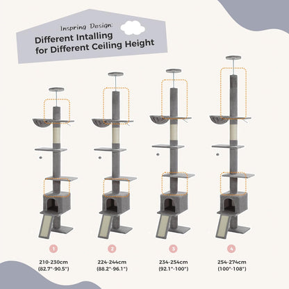 Cat Tree Floor to Ceiling,Cactus Tall Cat Tower, Adjustable Height (83''-108'') 5 Tiers Climbing Tree for Indoor Cats with Cat Condo, Scratching Post and Ladder, Green